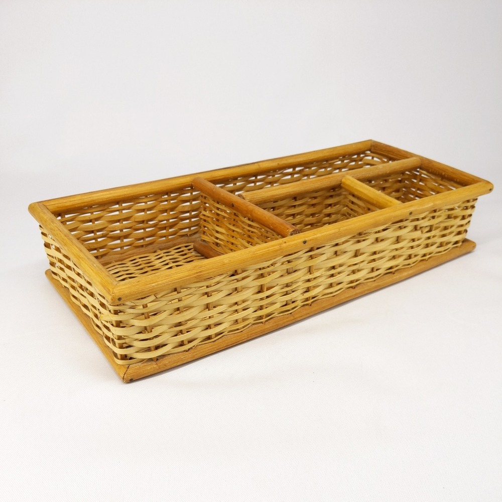 vtg Rattan Utility Tray Tan Woven‎ Wicker 3-Compartment Organizer Desk Bedroom